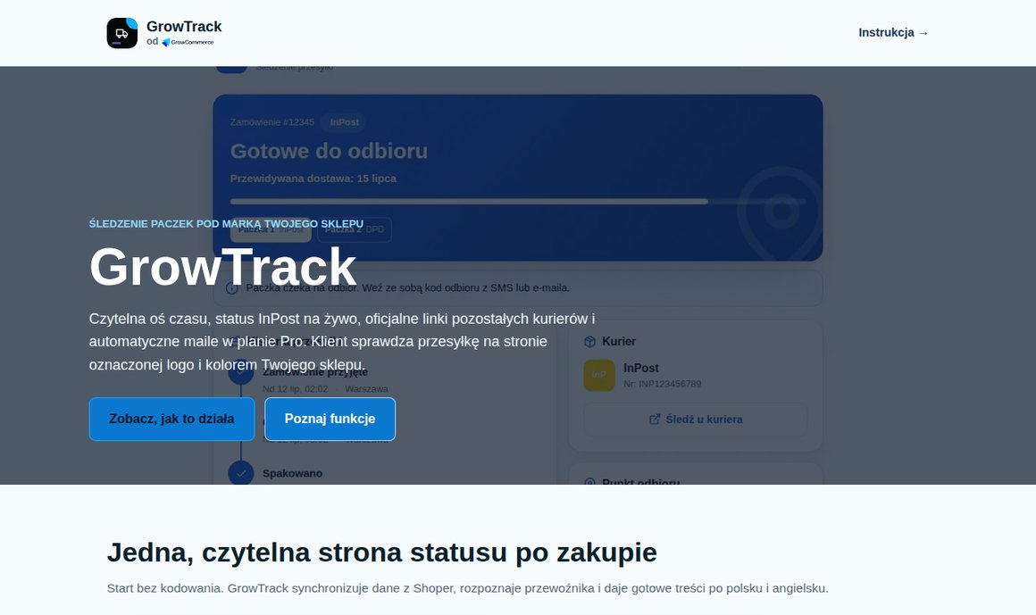 GrowTrack — markowa strona śledzenia paczek dla sklepu Shoper