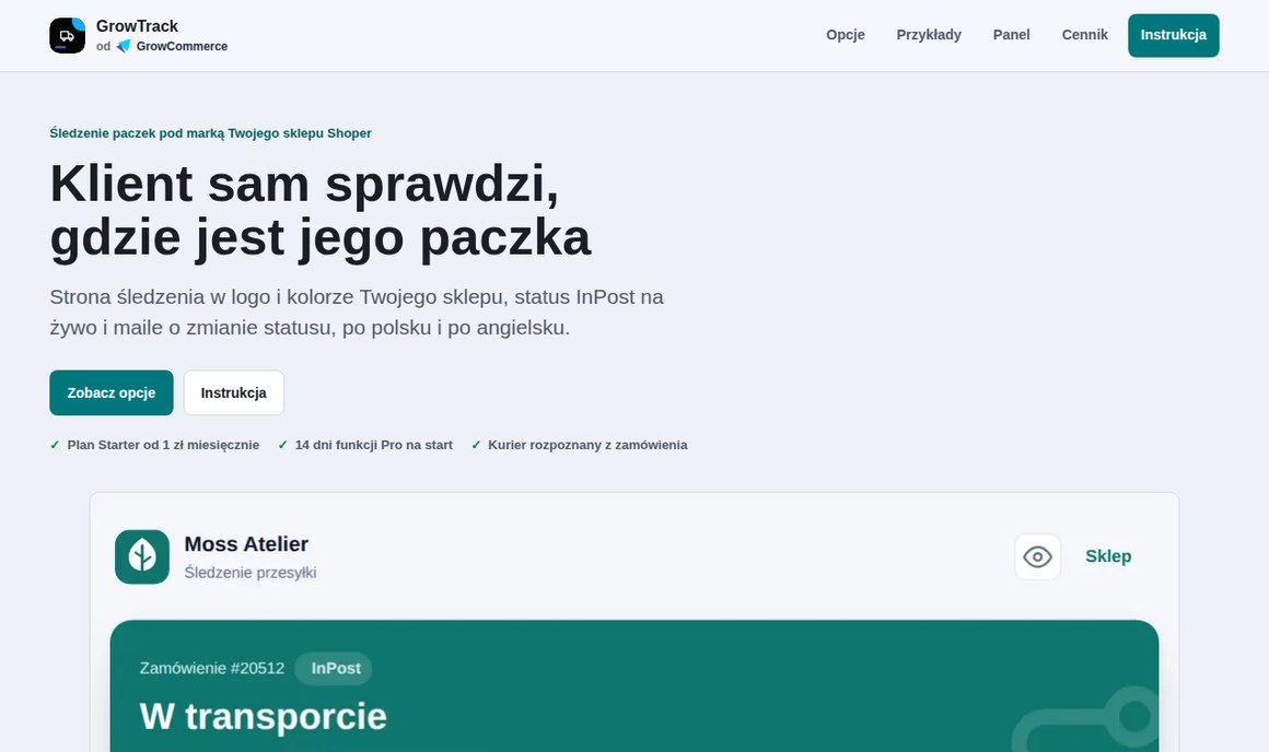 Landing GrowTrack: strona śledzenia paczki pod marką sklepu Shoper i status InPost na żywo