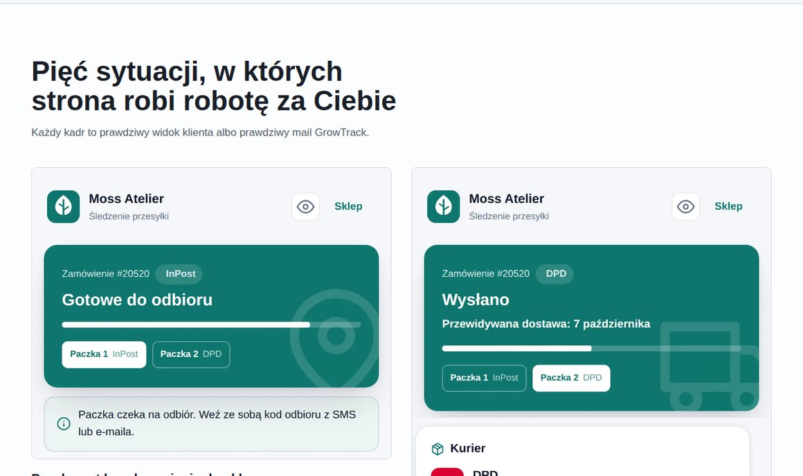 GrowTrack — strona śledzenia paczki InPost pod marką sklepu Shoper, status Gotowe do odbioru