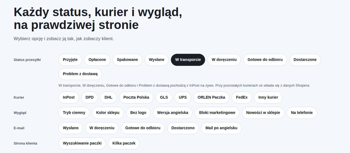 GrowTrack — wybór statusu przesyłki, kuriera i wyglądu strony śledzenia w sklepie Shoper