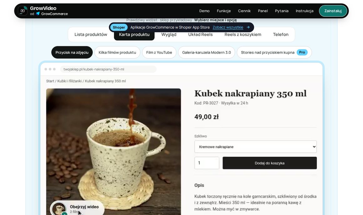 Przycisk Obejrzyj wideo na zdjęciu produktu i okno filmu z ceną i przyciskiem