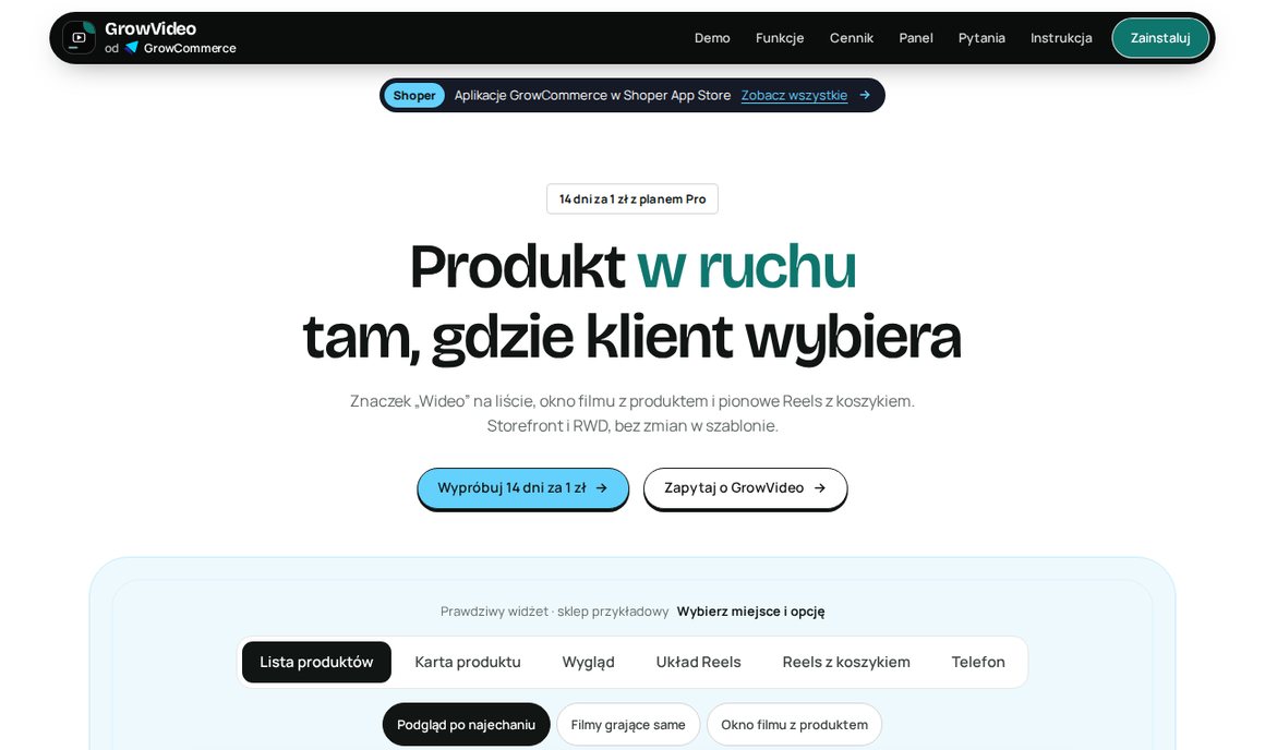 GrowVideo — wideo produktowe na liście, karcie i w Reels z koszykiem dla Shoper