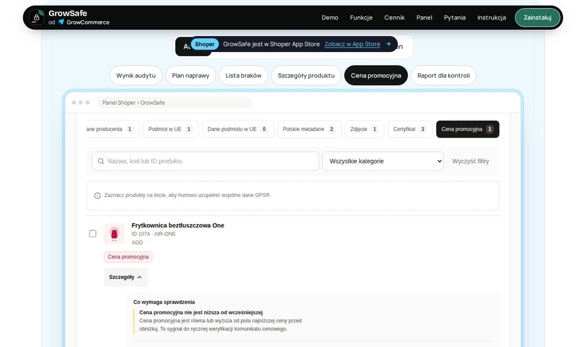 GrowSafe: sygnał ceny promocyjnej do sprawdzenia w panelu Shoper