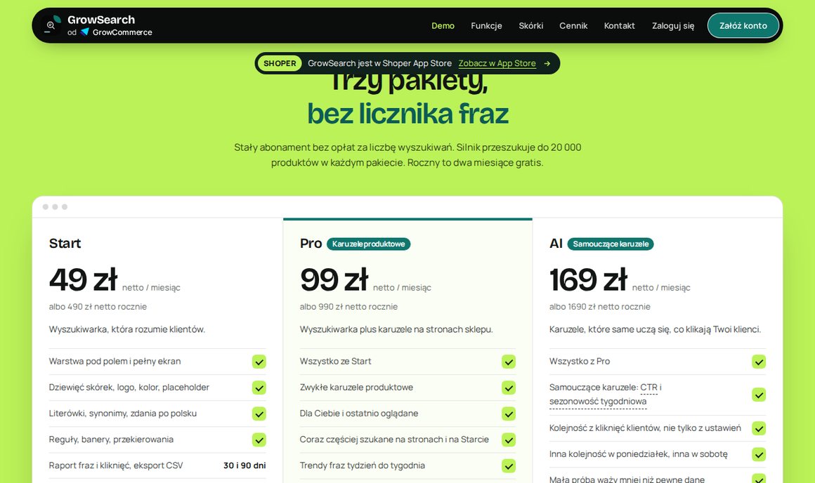 GrowSearch cennik: Start 49 zł, Pro 99 zł, AI 169 zł netto miesięcznie