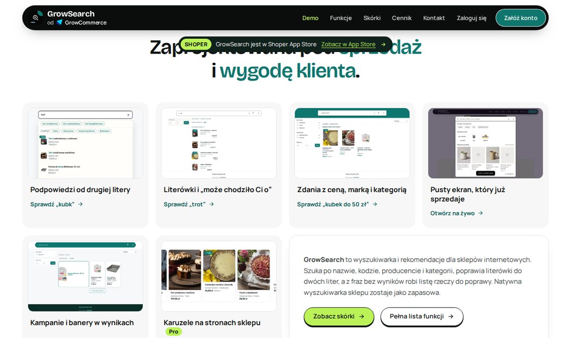 GrowSearch: podpowiedzi, literówki, zdania z ceną i pusty ekran wyszukiwarki