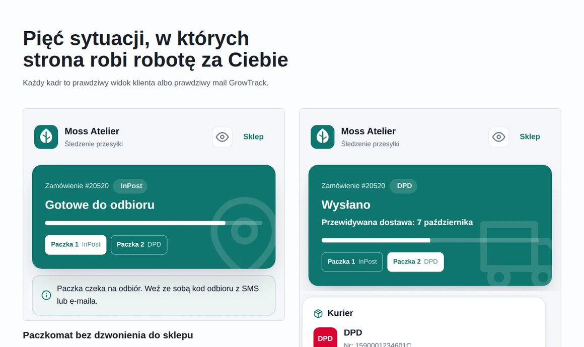 GrowTrack: strona śledzenia paczki pod marką sklepu Shoper — statusy InPost i DPD