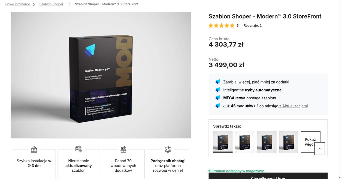 Przykład dobrej karty produktu w sklepie na Shoperze — galeria, cena, oceny, korzyści i wyraźne CTA
