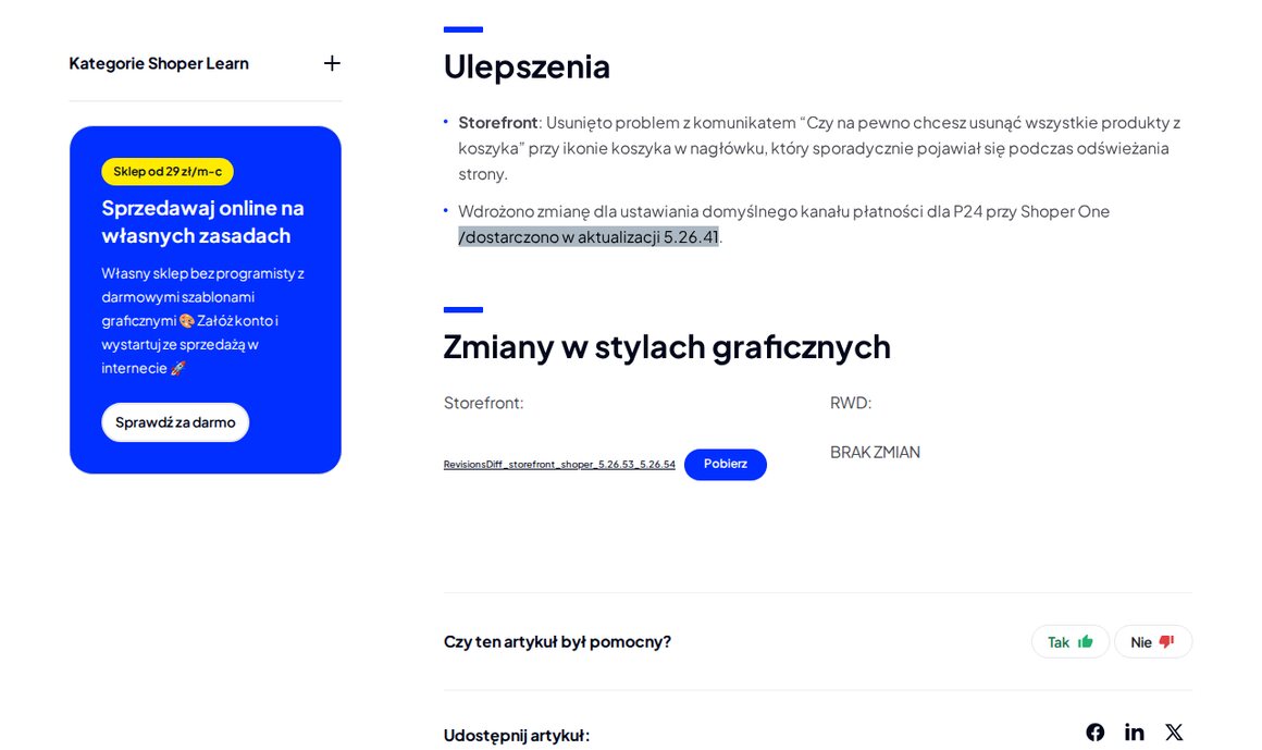 Sekcja Ulepszenia i Zmiany w stylach graficznych w komunikacie Shoper 5.26.54