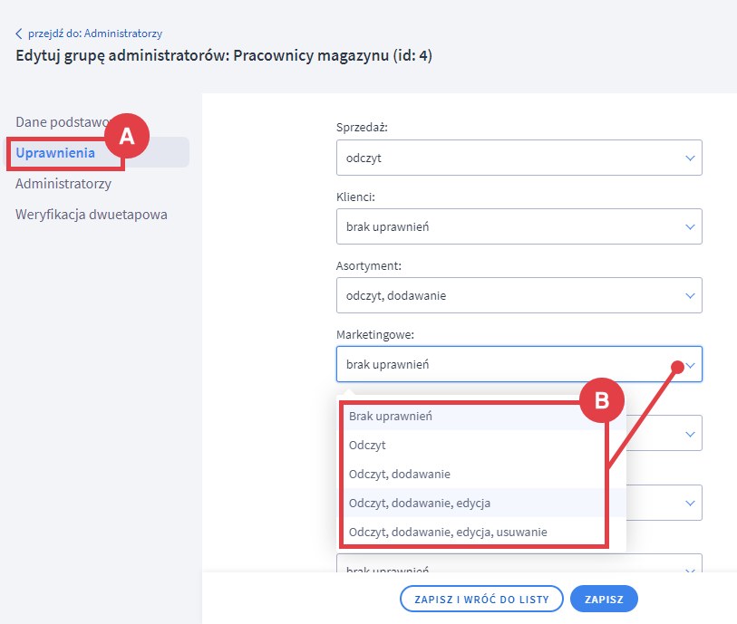 Shoper: zakładka Uprawnienia grupy administratorów z poziomami dostępu