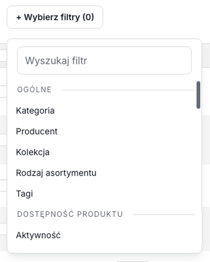 Filtry na liście produktów w panelu Shoper