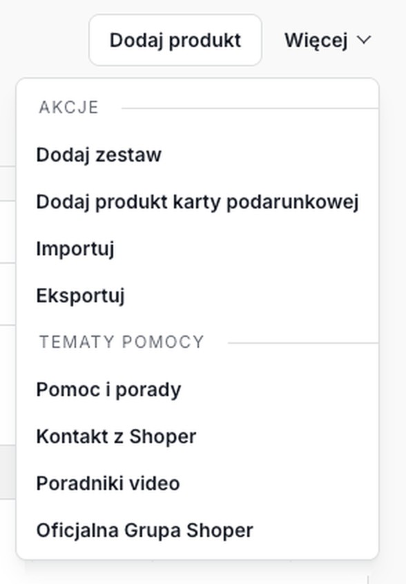 Menu Więcej na liście produktów — eksport i import CSV