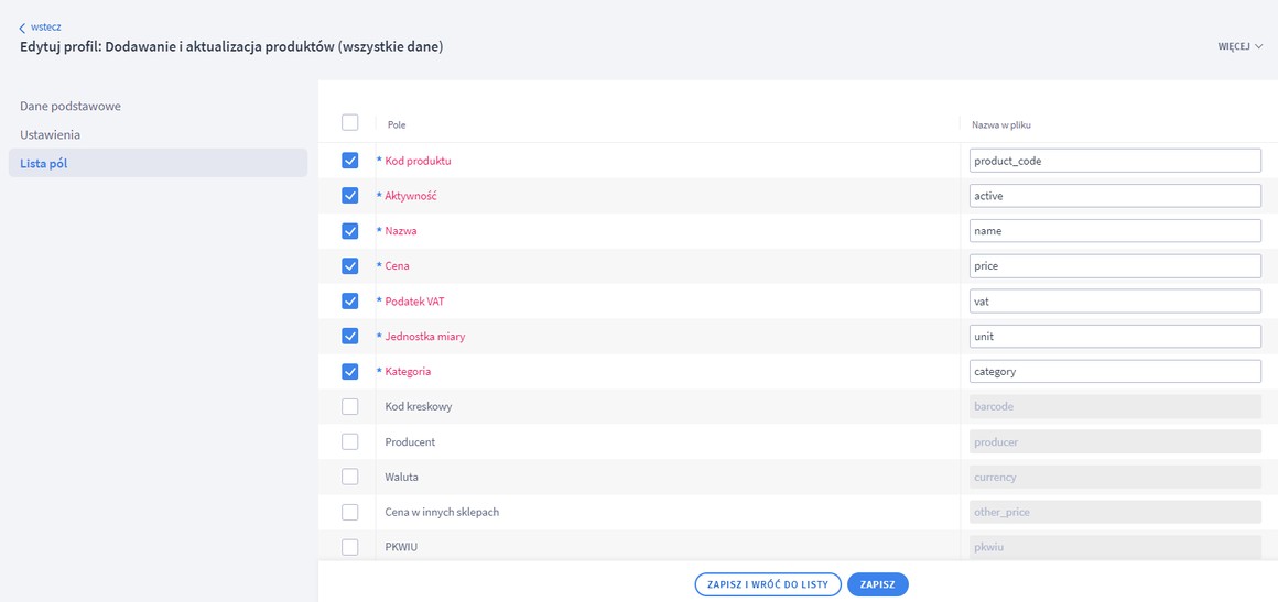 Edycja profilu CSV — lista pól w panelu Shoper