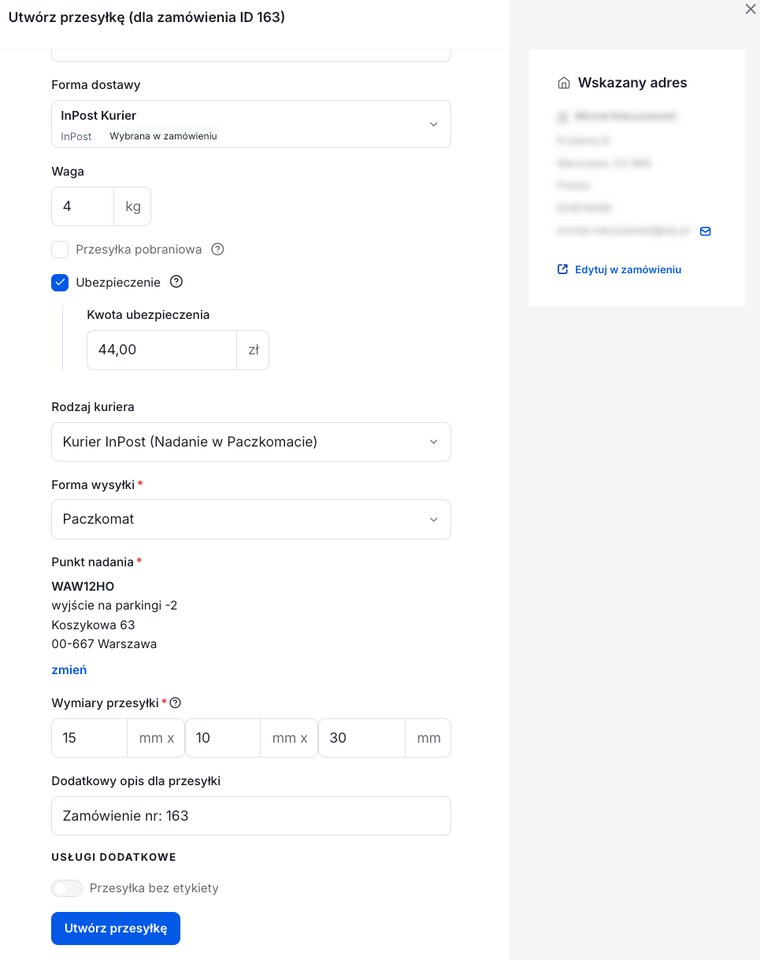 Formularz tworzenia przesyłki w panelu Shoper: Rodzaj kuriera Kurier InPost (Nadanie w Paczkomacie), Forma wysyłki Paczkomat, Punkt nadania