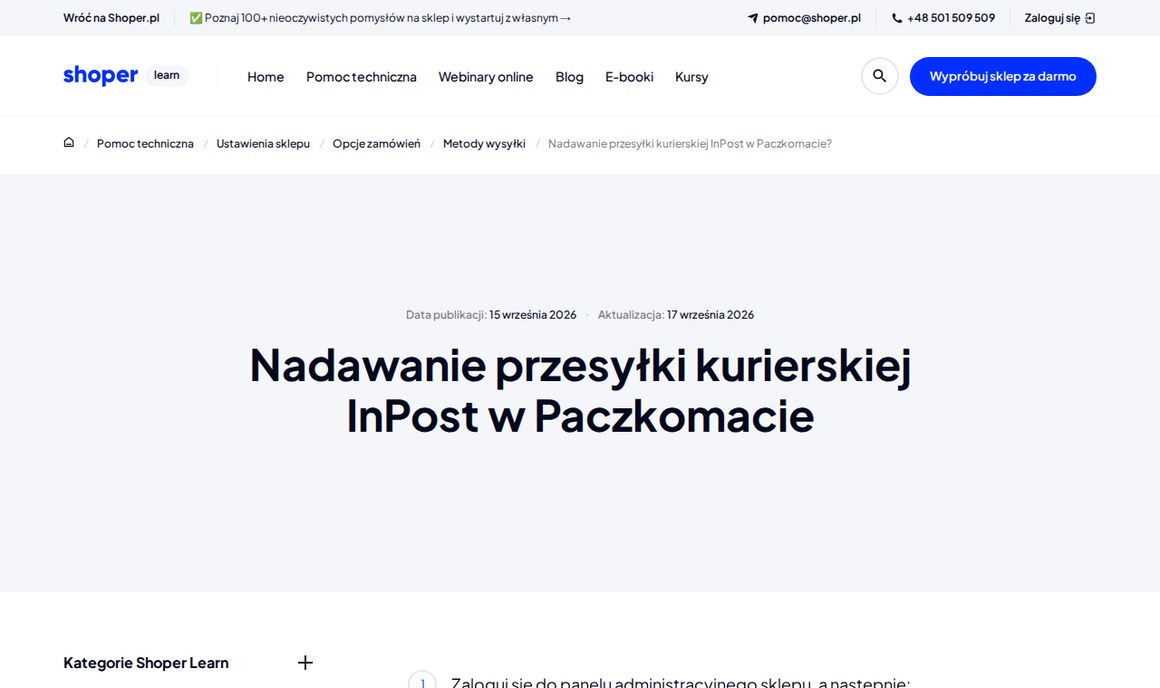 Shoper Learn — Nadawanie przesyłki kurierskiej InPost w Paczkomacie