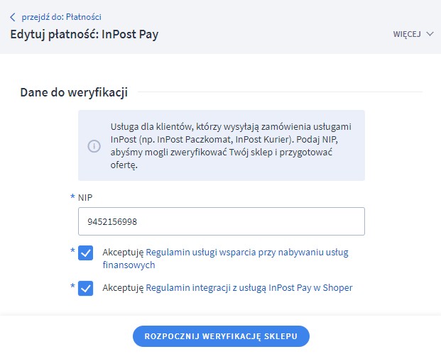 Weryfikacja NIP sklepu w InPost Pay w panelu Shoper