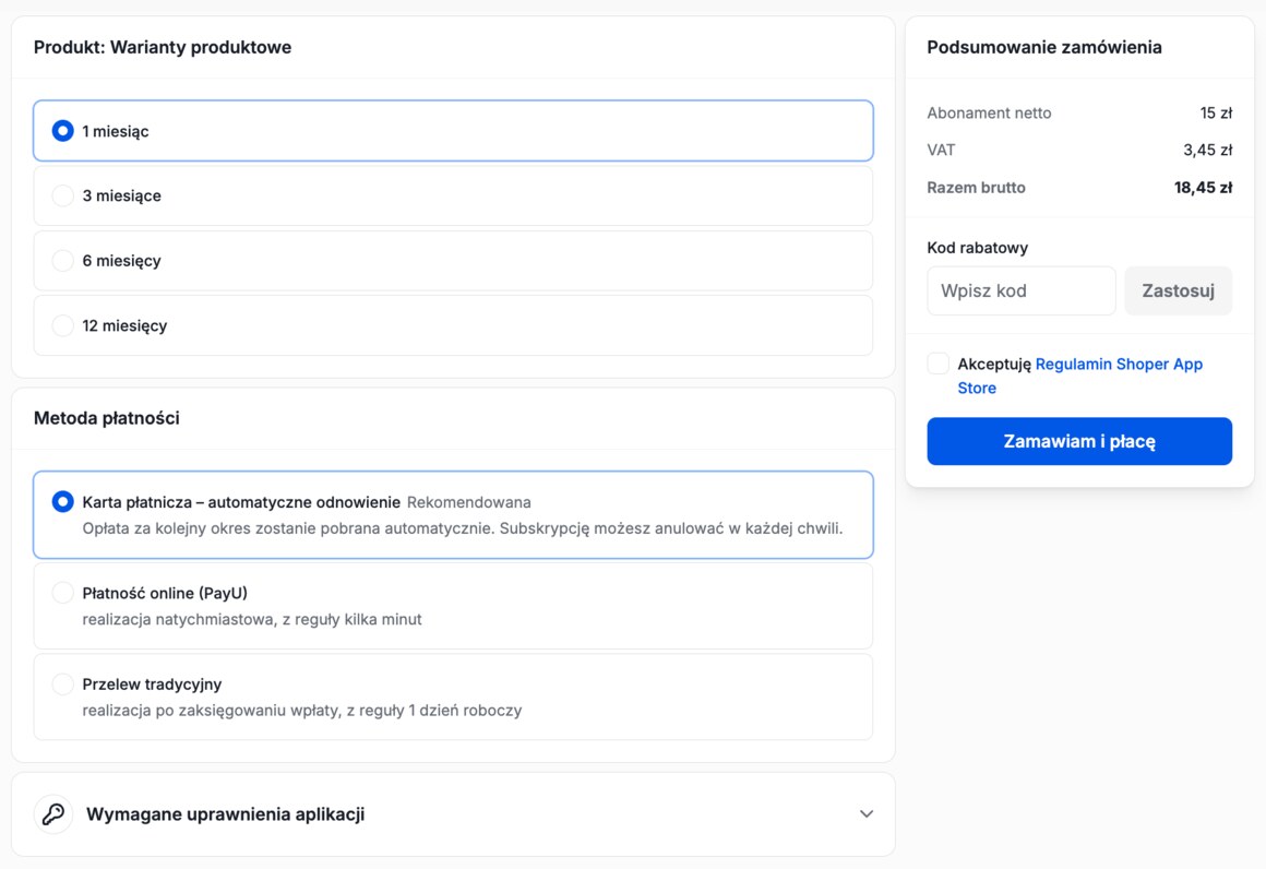 Zakup aplikacji w Shoper App Store z automatycznym odnowieniem kartą