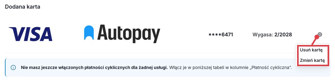 Widok poprawnie dodanej karty płatniczej w panelu Shoper