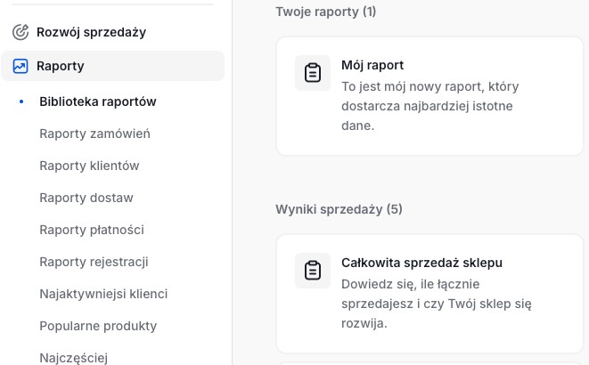 Biblioteka raportów w panelu Shoper z własnym raportem