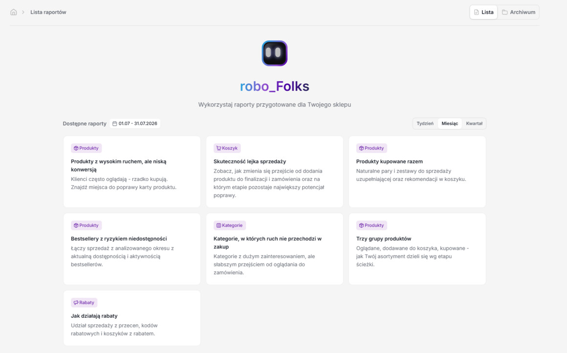 Lista automatycznych Raportów AI w panelu Shoper