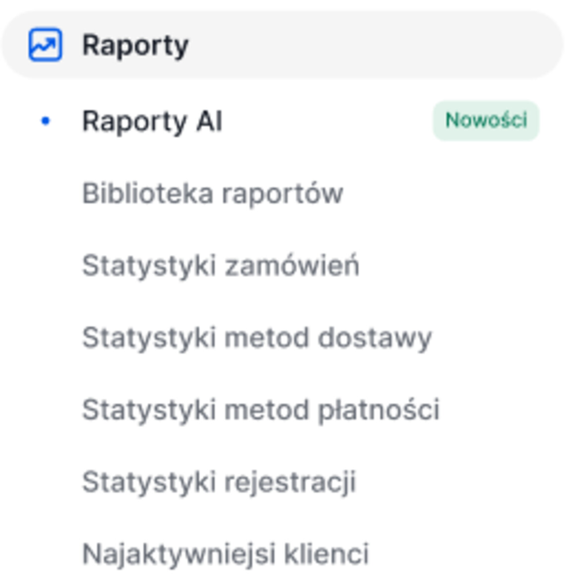 Lokalizacja Raportów AI w menu panelu Shoper — Raporty