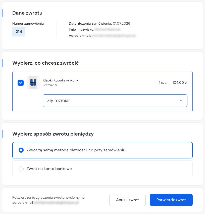 Formularz odstąpienia od umowy Shoper: wybór produktów, powodu zwrotu i sposobu zwrotu środków