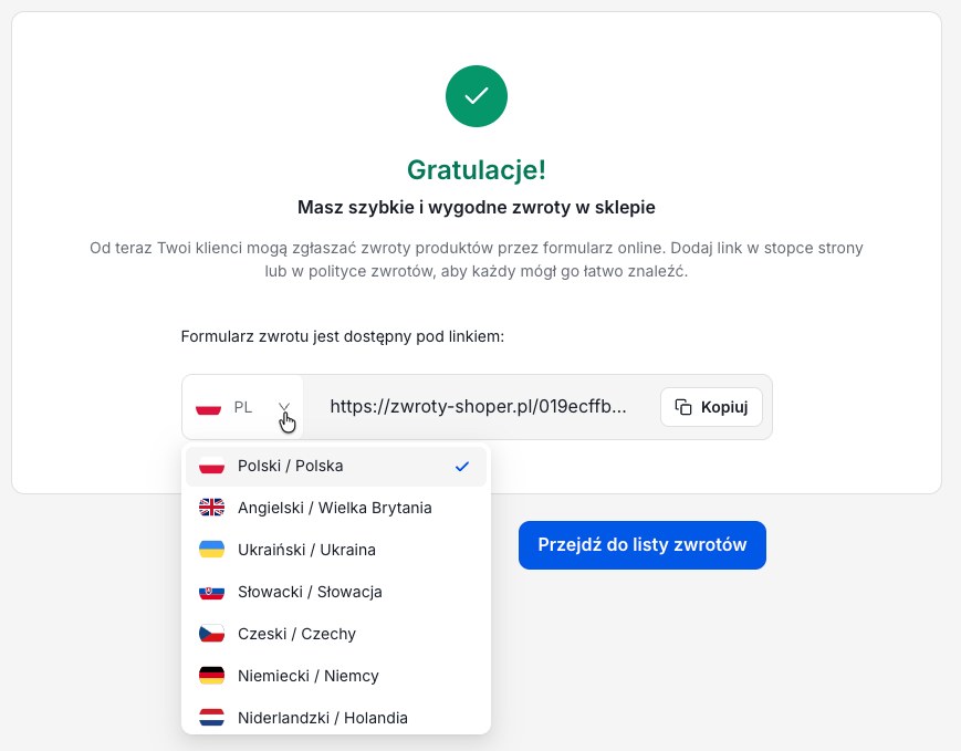Panel Shoper: wygenerowane adresy URL formularza zwrotów w wersjach językowych