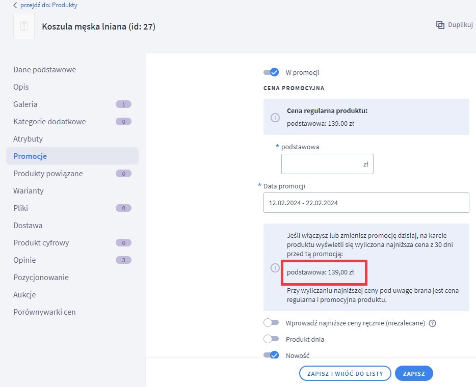 Panel Shoper: promocja na produkcie z podglądem najniższej ceny z 30 dni