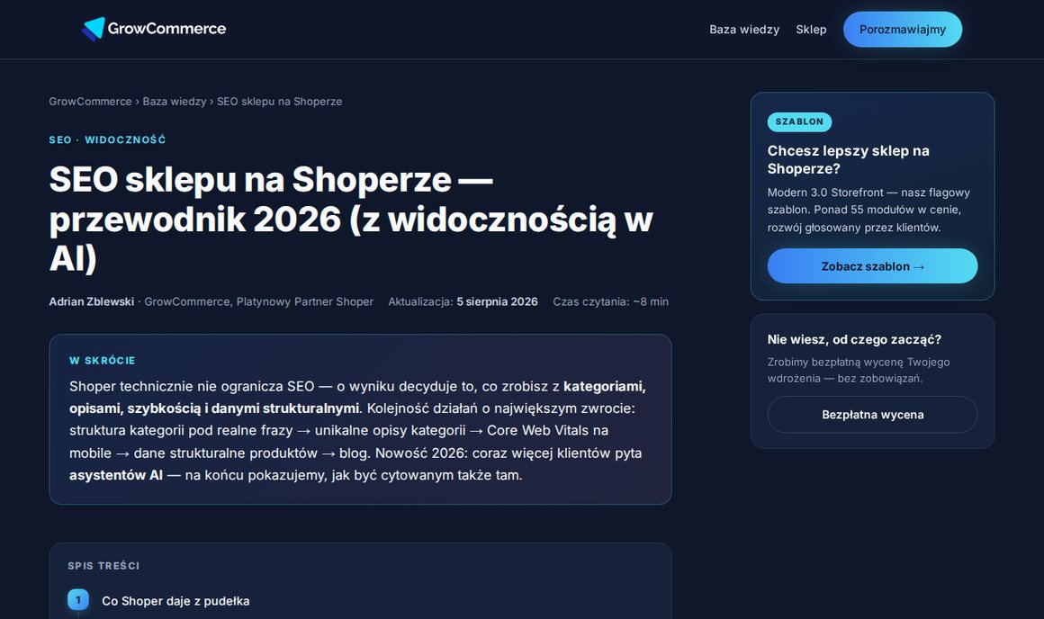 Poradnik SEO sklepu na Shoperze w bazie wiedzy GrowCommerce