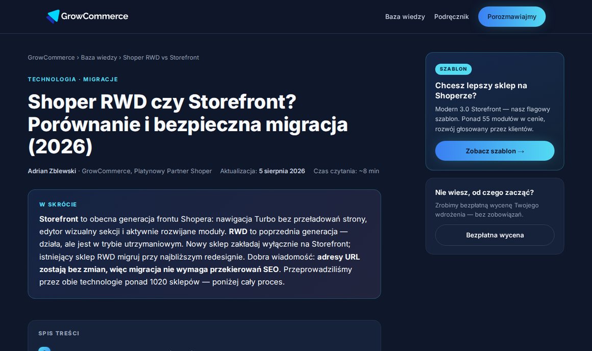 Poradnik GrowCommerce: Shoper RWD czy Storefront — porównanie i bezpieczna migracja