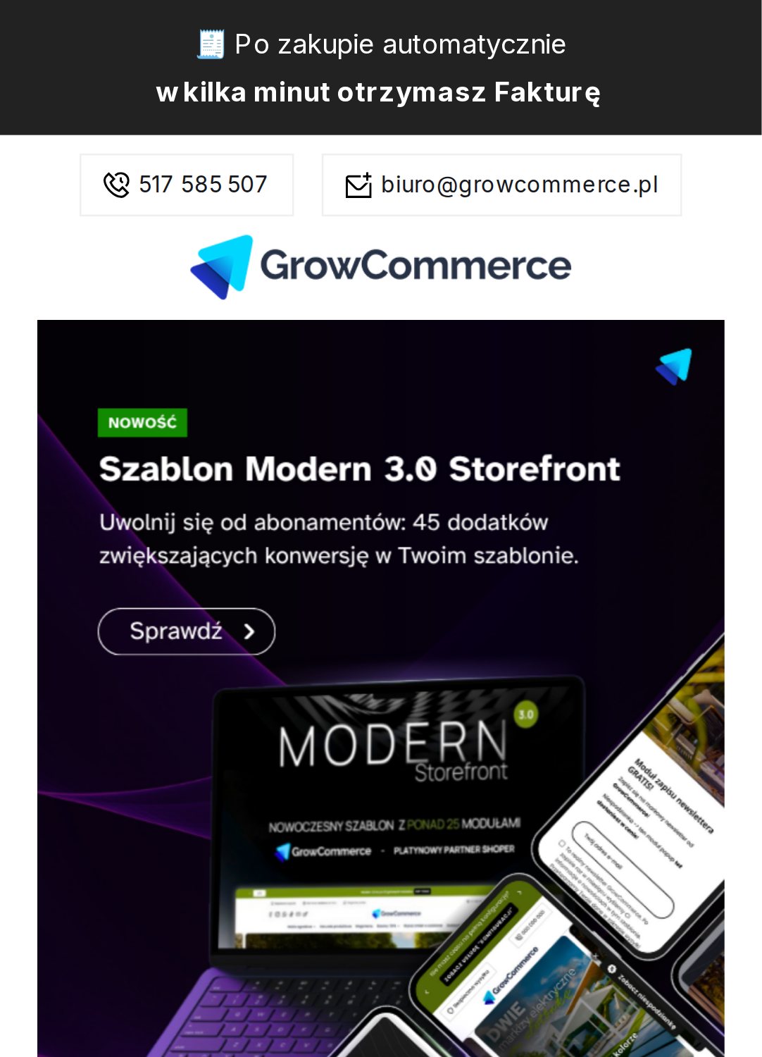 Sklep GrowCommerce na Shoperze w widoku telefonu: nagłówek, baner i dolne menu