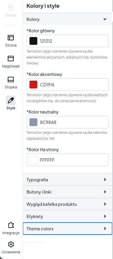 Ustawienia kolorów w edytorze szablonu Shoper Storefront