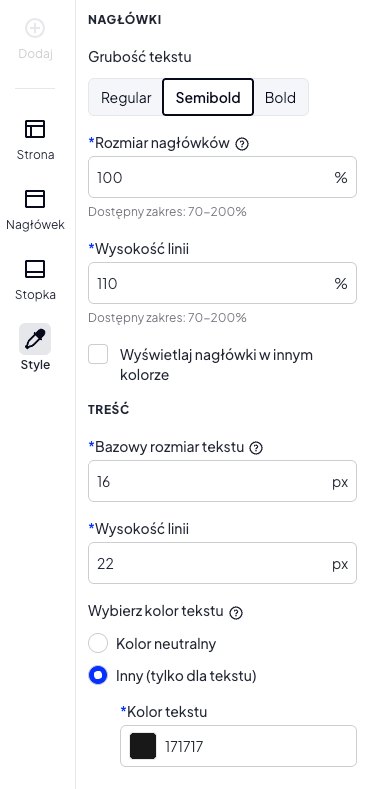Ustawienia wielkości nagłówków i treści w Storefront