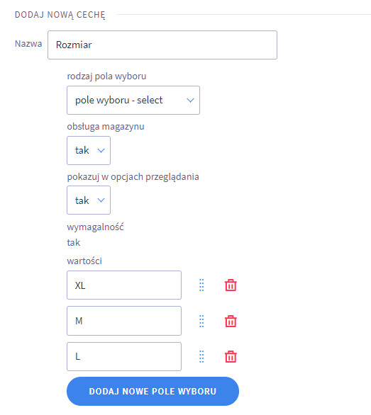 Panel Shoper — formularz zestawu wariantów